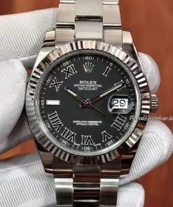 Rolex Datejust II 116334 Replica Watch 41mm Black Roman Dial White Gold Fluted Bezel Oyster Bracelet