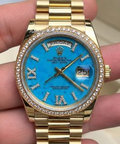 Rolex Day-Date 36 128348RBR Turquoise Diamond Dial Yellow Gold President Watch 3255 Movement