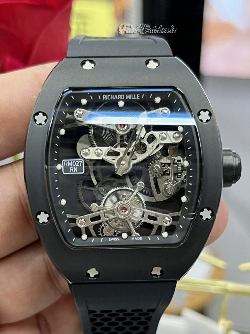Richard Mille RM 027 Black Ceramic Tourbillon Skeleton Dial Sapphire Crystal Swiss Replica Rubber Strap Watch