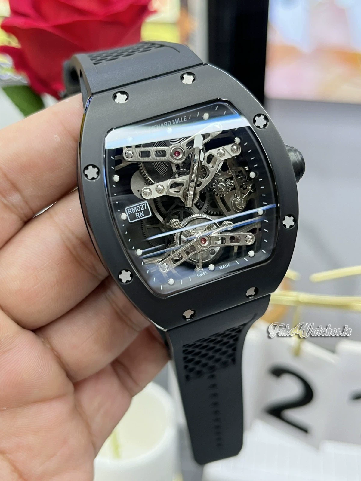 Richard Mille RM 027 Black Ceramic Tourbillon Skeleton Dial Sapphire Crystal Swiss Replica Rubber Strap Watch - Image 3