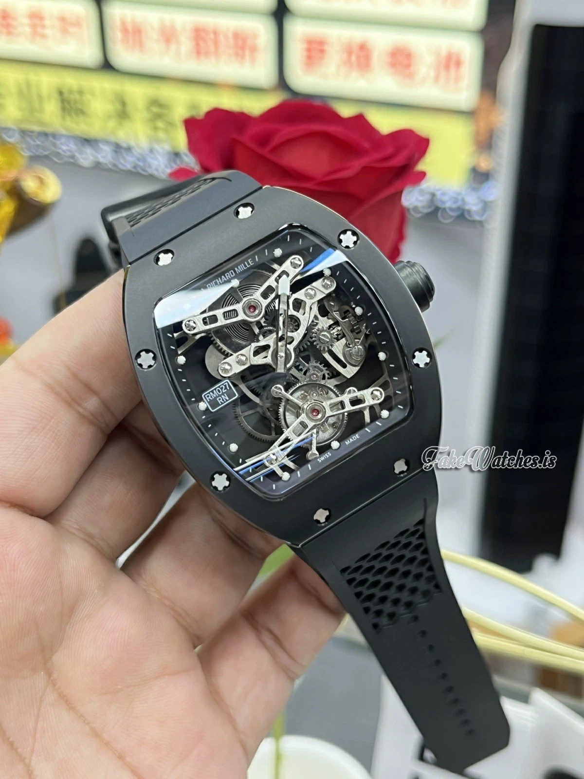 Richard Mille RM 027 Black Ceramic Tourbillon Skeleton Dial Sapphire Crystal Swiss Replica Rubber Strap Watch - Image 4