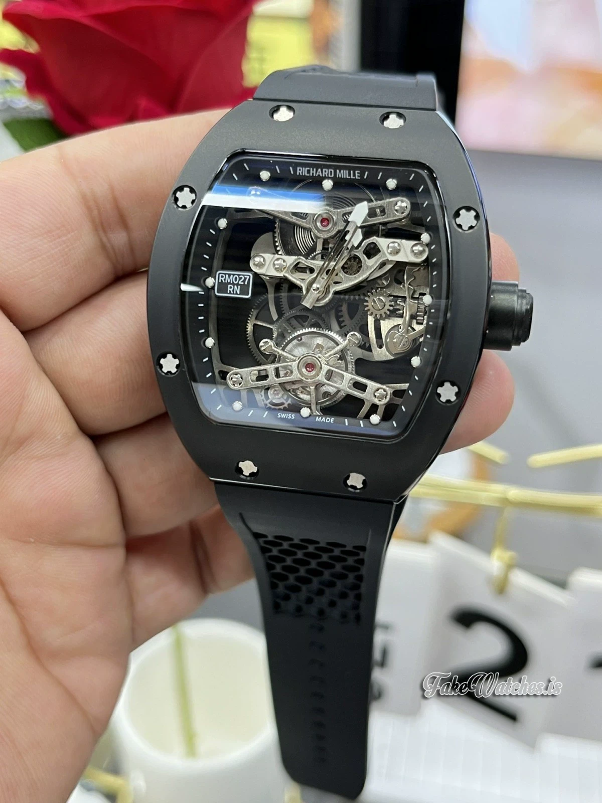 Richard Mille RM 027 Black Ceramic Tourbillon Skeleton Dial Sapphire Crystal Swiss Replica Rubber Strap Watch - Image 6
