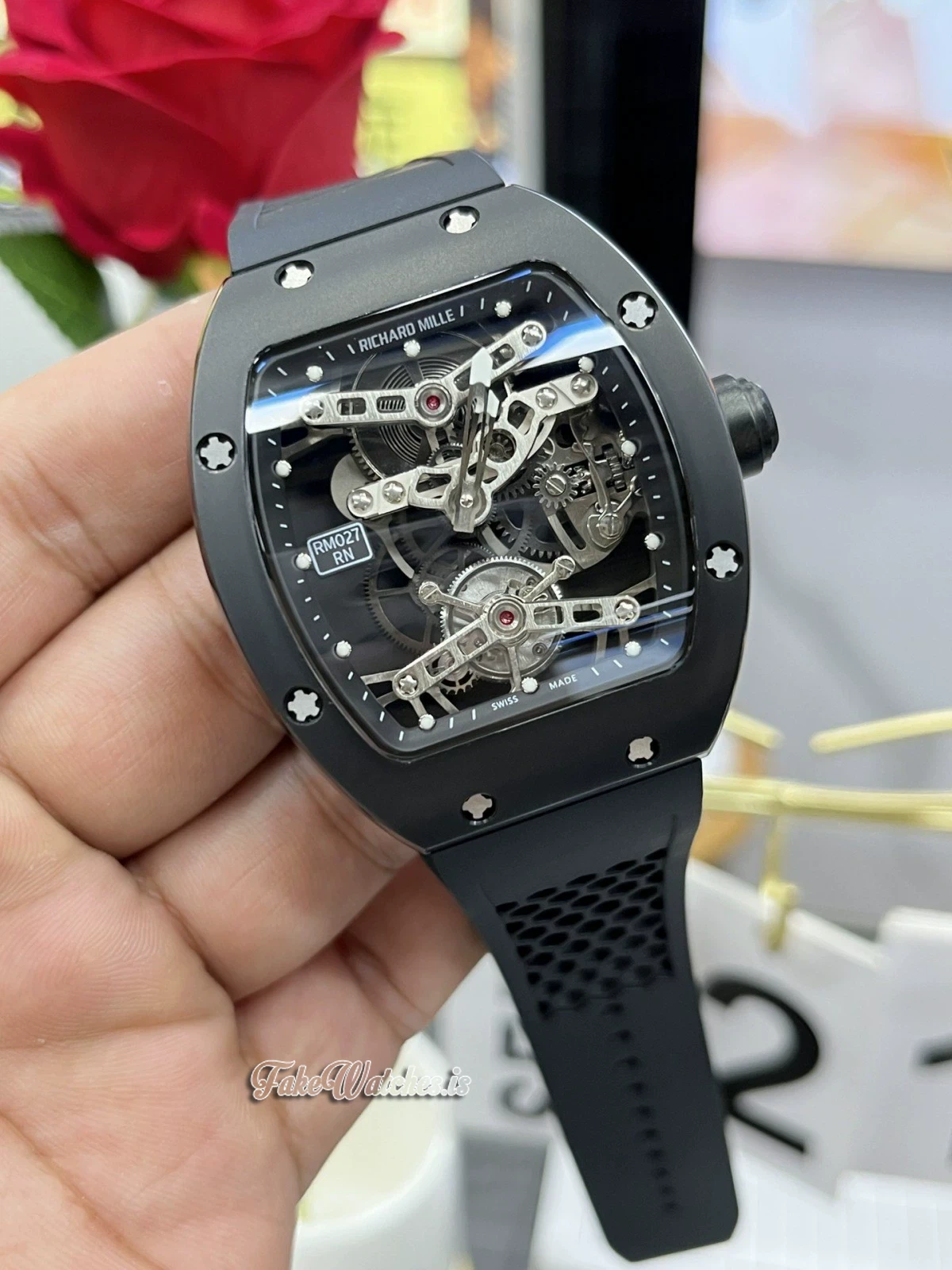 Richard Mille RM 027 Black Ceramic Tourbillon Skeleton Dial Sapphire Crystal Swiss Replica Rubber Strap Watch - Image 7