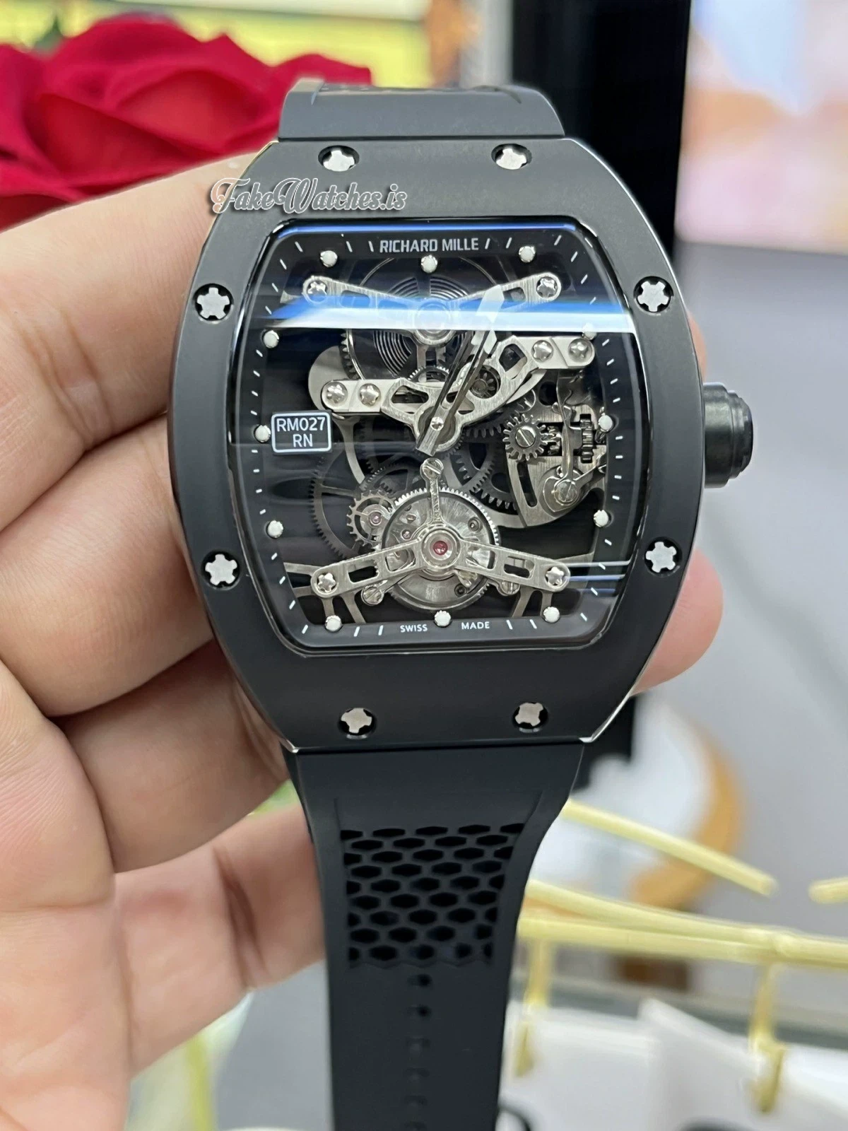 Richard Mille RM 027 Black Ceramic Tourbillon Skeleton Dial Sapphire Crystal Swiss Replica Rubber Strap Watch - Image 10