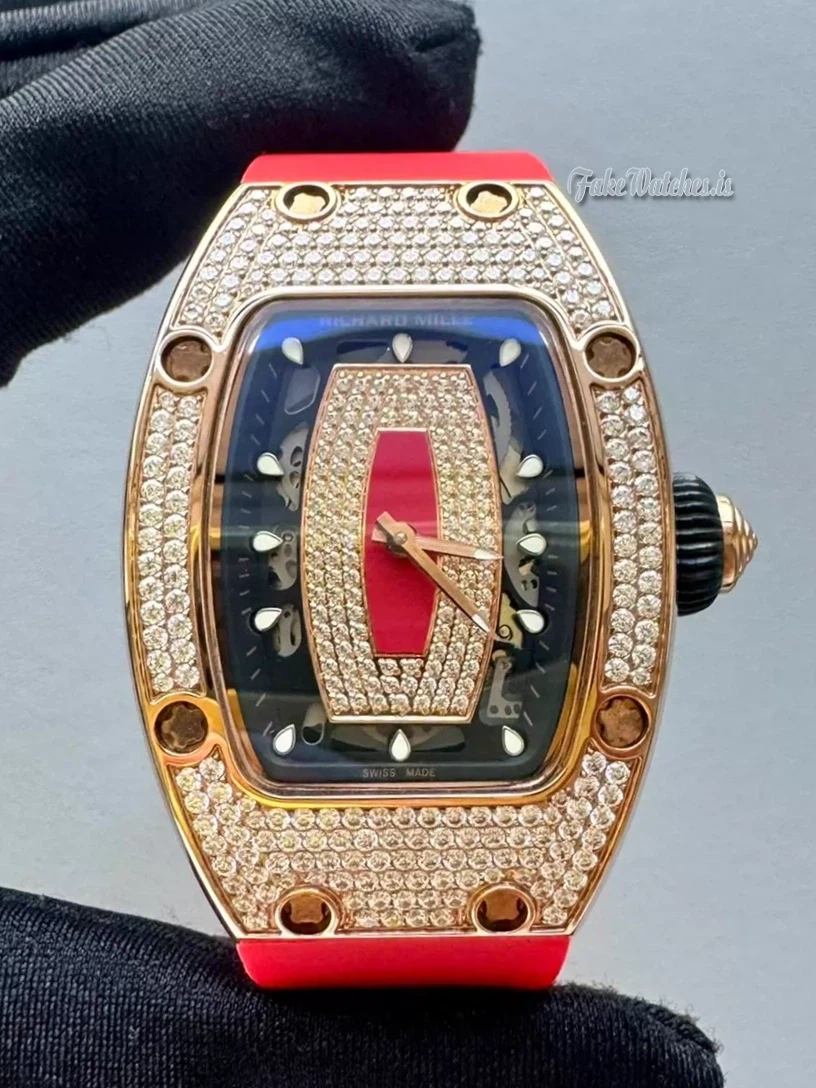 Richard Mille RM 07-01 Swiss Replica Rose Gold Snow Diamond Red Lips Automatic Rubber Strap Ladies Watch