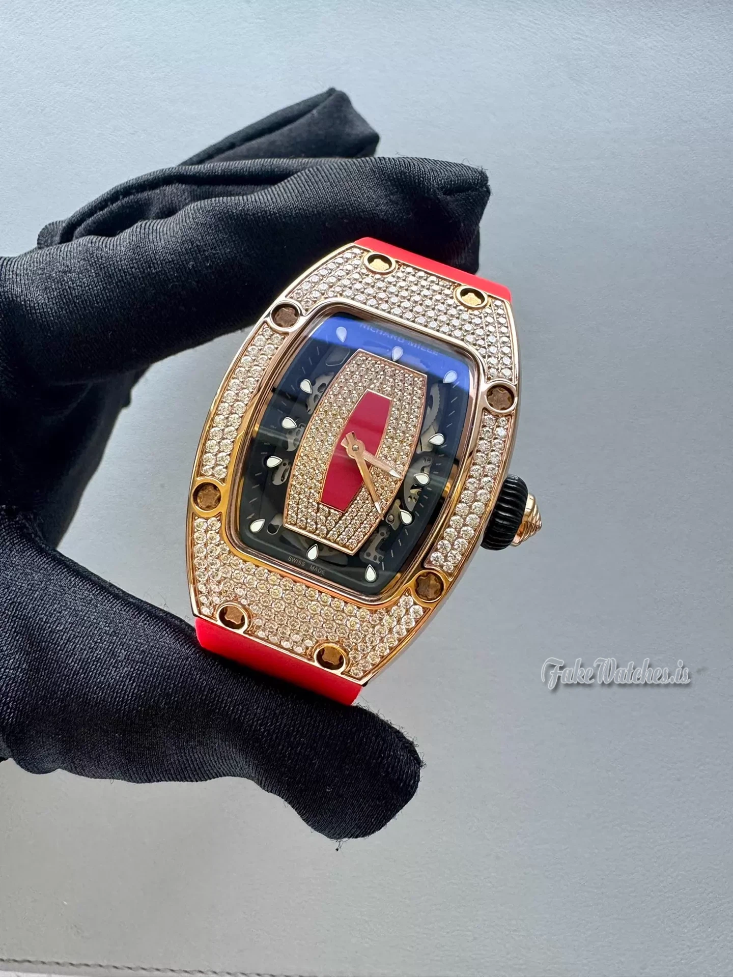 Richard Mille RM 07-01 Swiss Replica Rose Gold Snow Diamond Red Lips Automatic Rubber Strap Ladies Watch - Image 3