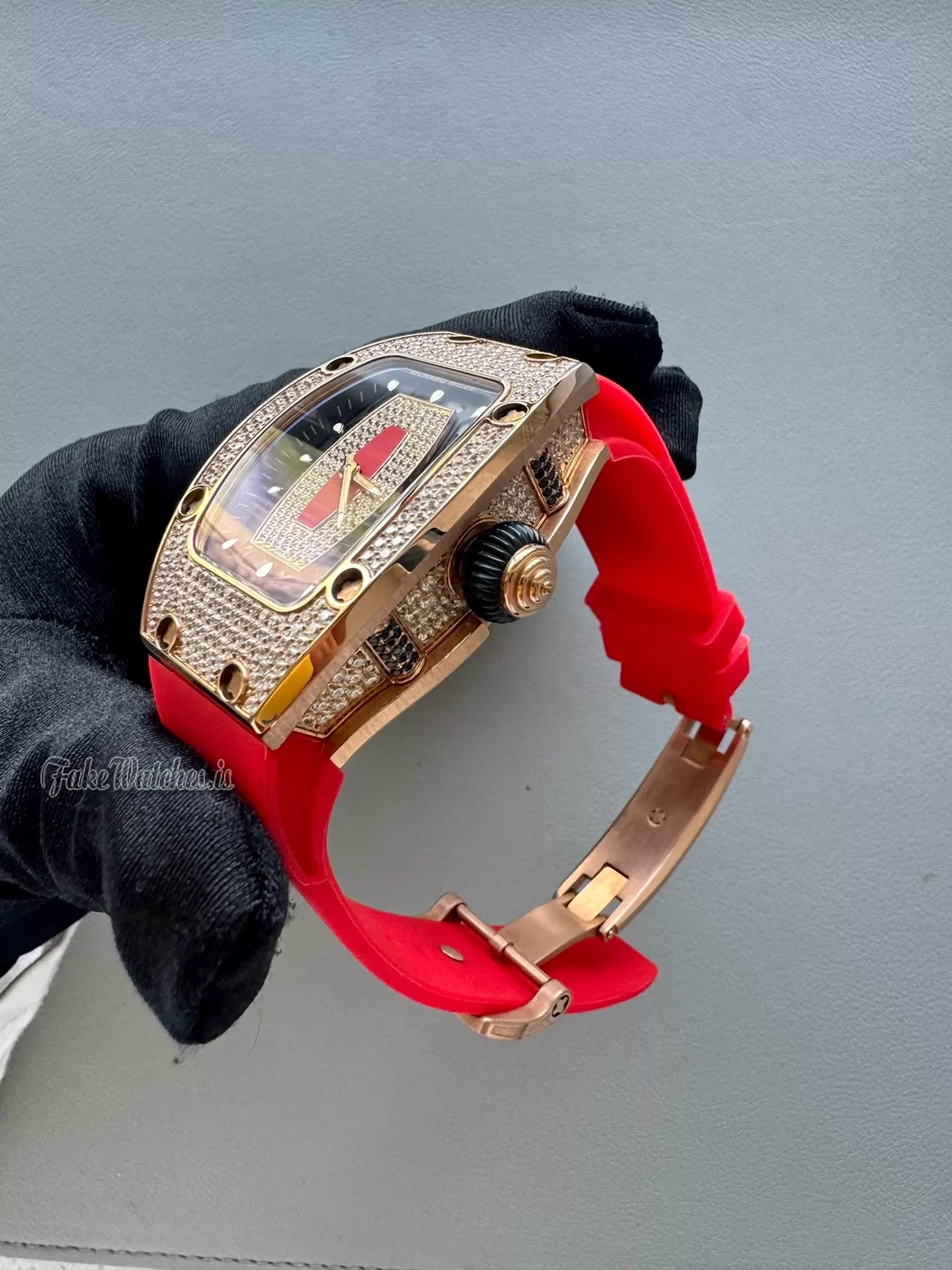 Richard Mille RM 07-01 Swiss Replica Rose Gold Snow Diamond Red Lips Automatic Rubber Strap Ladies Watch - Image 4