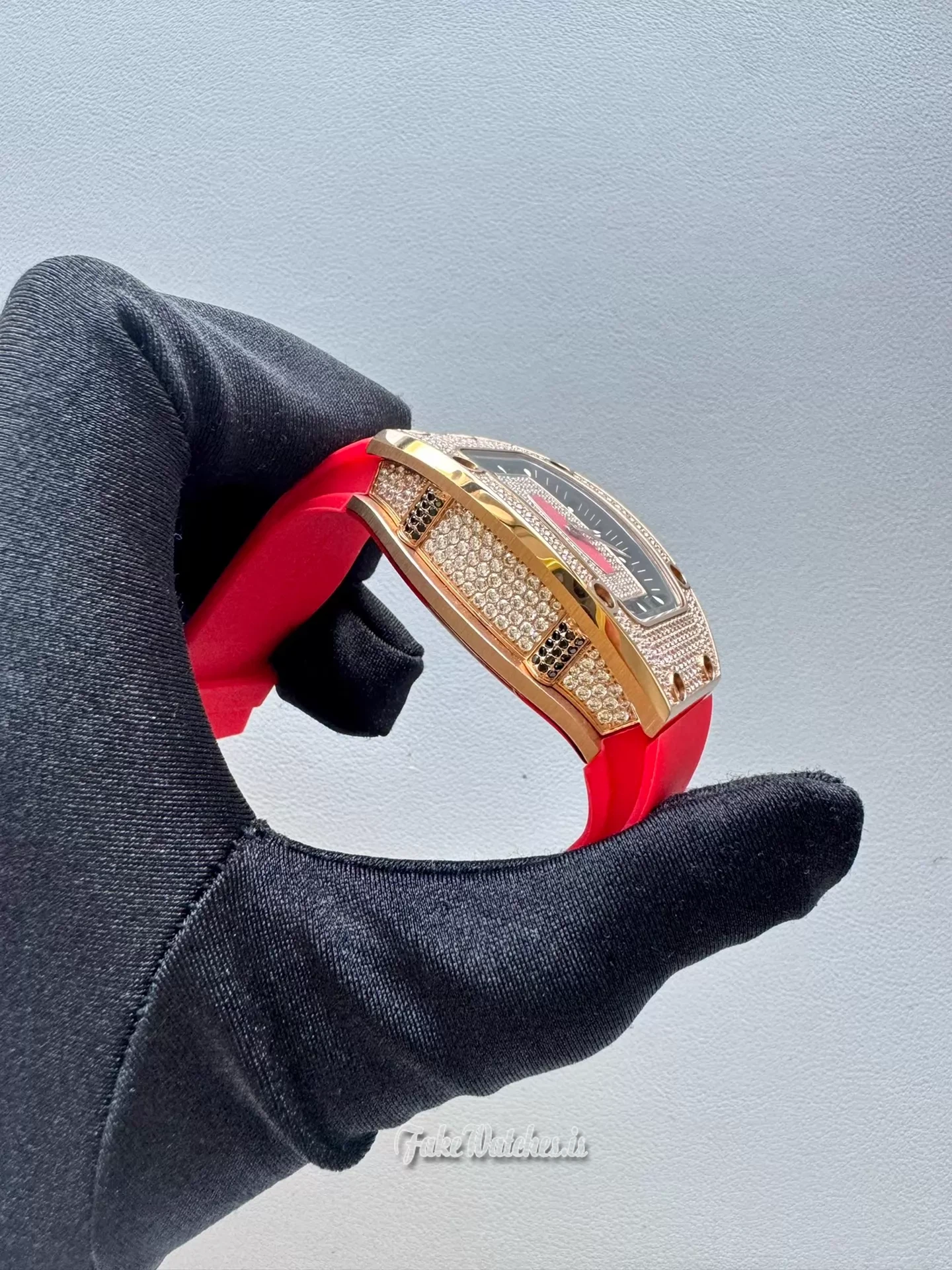 Richard Mille RM 07-01 Swiss Replica Rose Gold Snow Diamond Red Lips Automatic Rubber Strap Ladies Watch - Image 5
