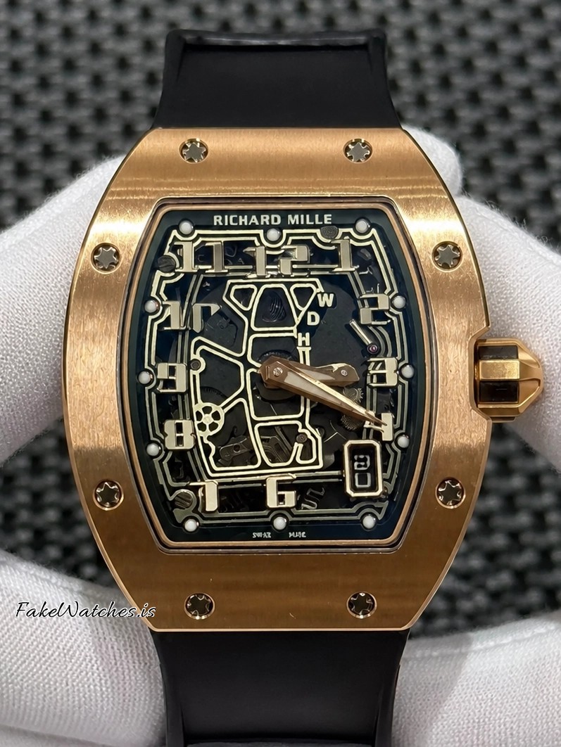 Richard Mille RM 67-01 Rose Gold Replica Watch Skeleton Dial Automatic Extra Flat Rubber Strap