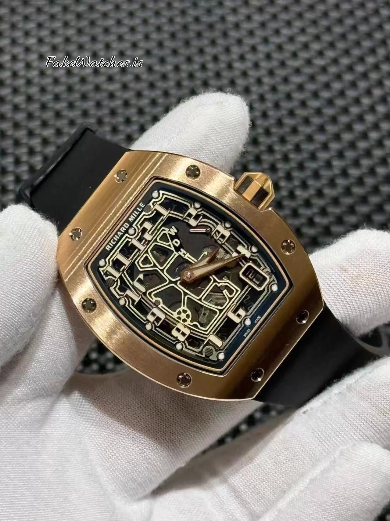 Richard Mille RM 67-01 Rose Gold Replica Watch Skeleton Dial Automatic Extra Flat Rubber Strap - Image 3