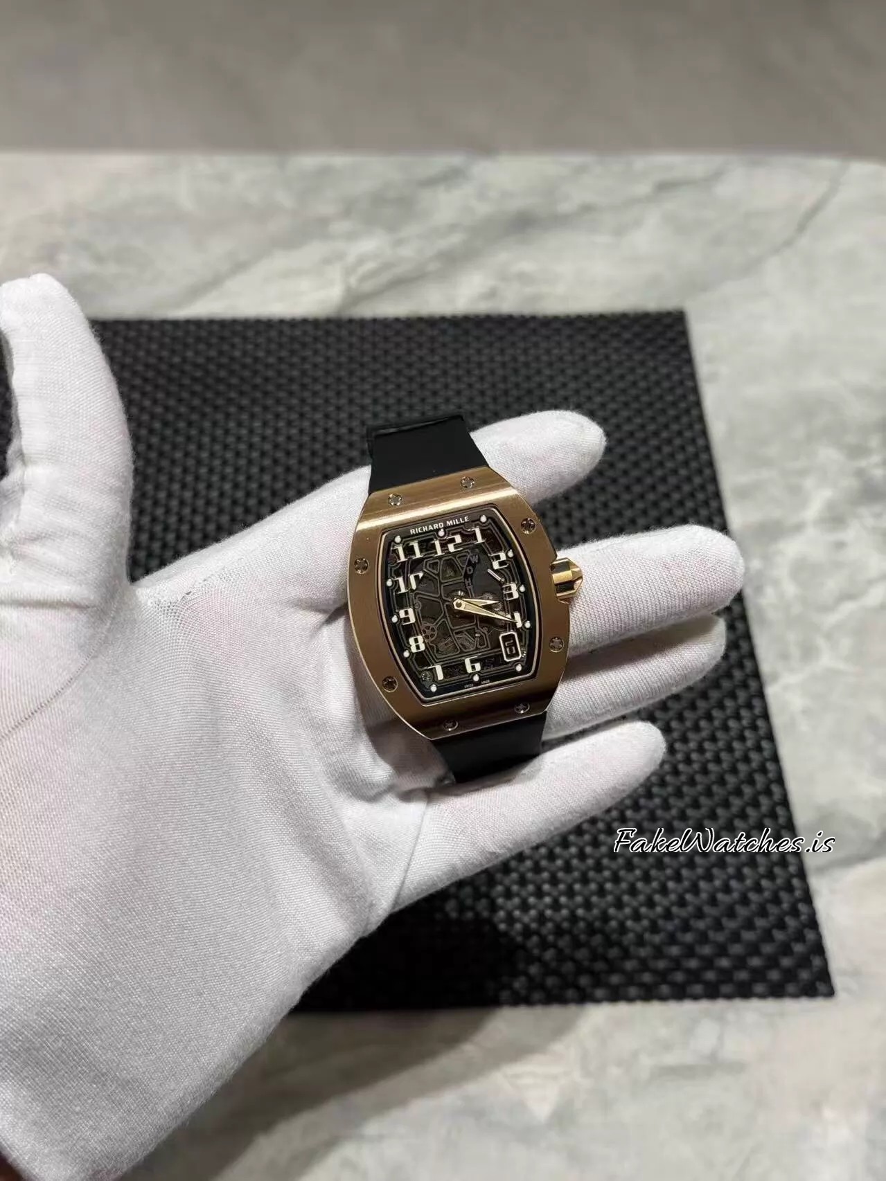 Richard Mille RM 67-01 Rose Gold Replica Watch Skeleton Dial Automatic Extra Flat Rubber Strap - Image 4
