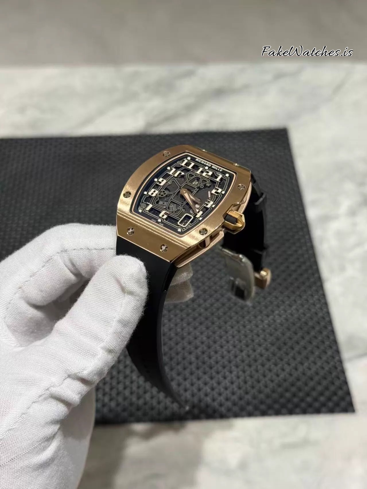 Richard Mille RM 67-01 Rose Gold Replica Watch Skeleton Dial Automatic Extra Flat Rubber Strap - Image 5