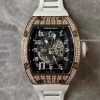 Richard Mille RM010 Rose Gold Full Diamond Automatic Swiss Replica Skeleton Dial White Rubber Strap Tonneau Case