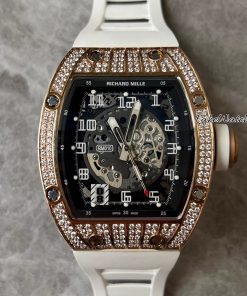 Richard Mille RM010 Rose Gold Full Diamond Automatic Swiss Replica Skeleton Dial White Rubber Strap Tonneau Case