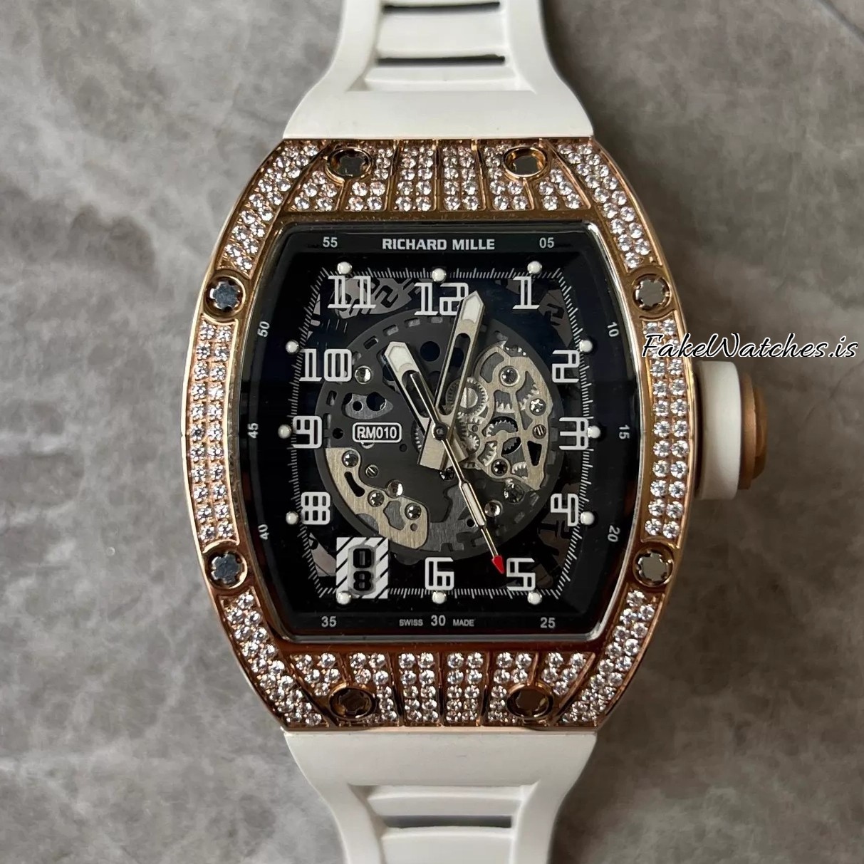 Richard Mille RM010 Rose Gold Full Diamond Automatic Swiss Replica Skeleton Dial White Rubber Strap Tonneau Case - Image 2