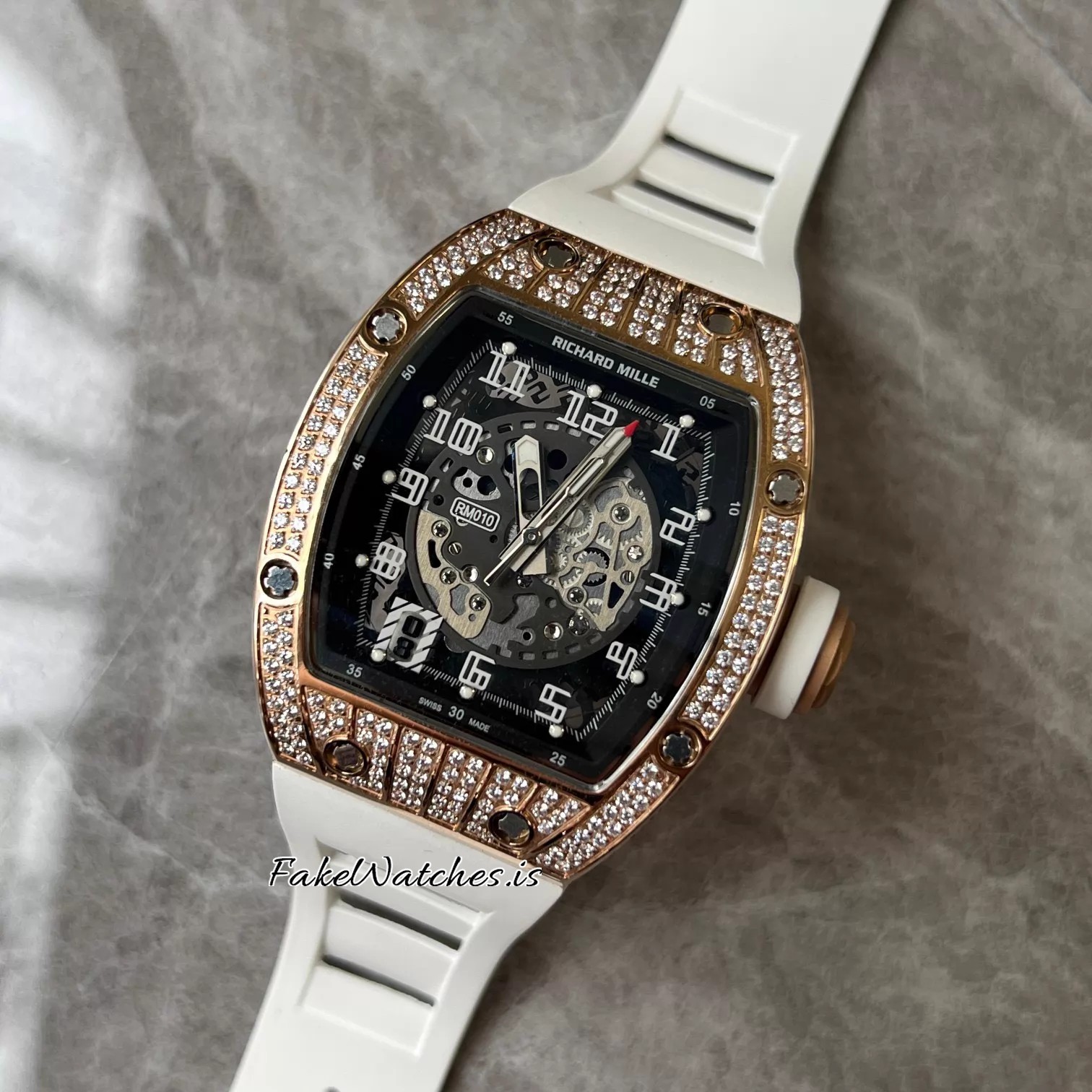 Richard Mille RM010 Rose Gold Full Diamond Automatic Swiss Replica Skeleton Dial White Rubber Strap Tonneau Case - Image 3