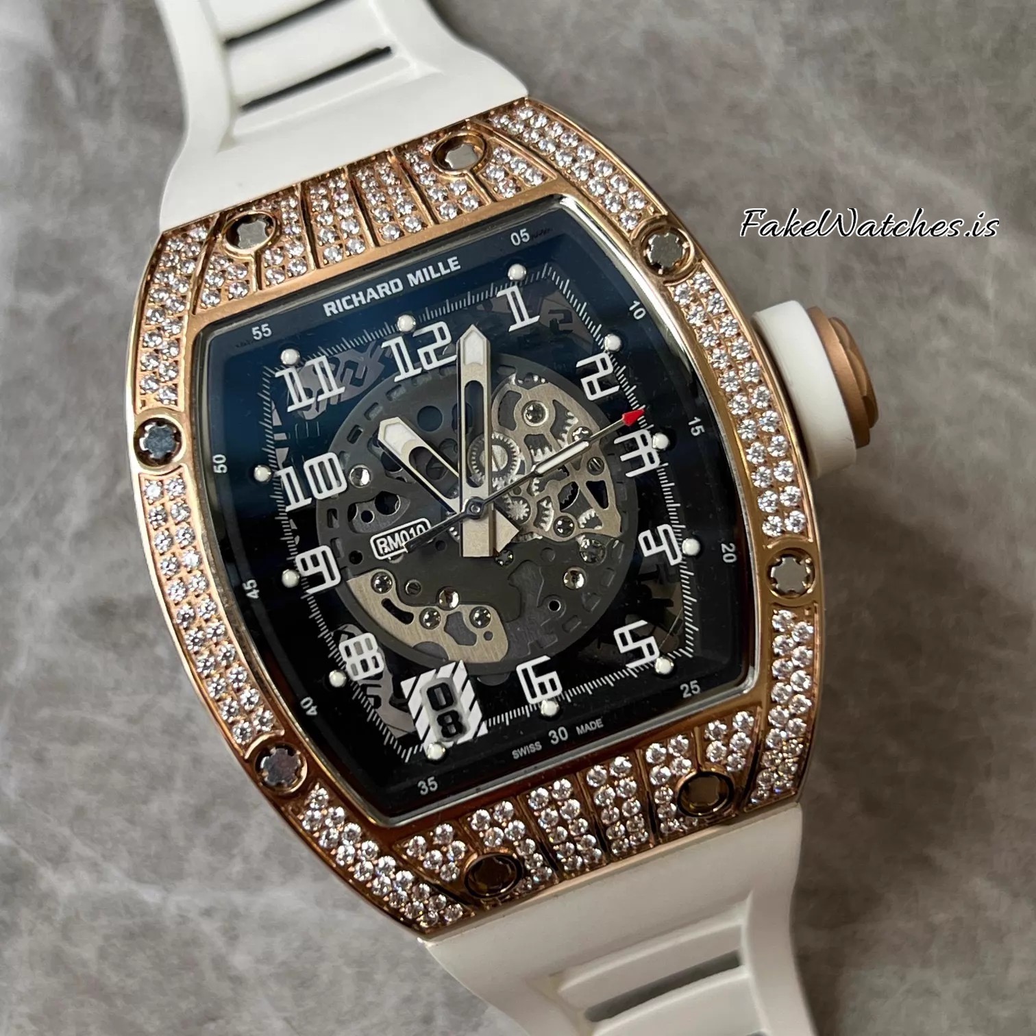 Richard Mille RM010 Rose Gold Full Diamond Automatic Swiss Replica Skeleton Dial White Rubber Strap Tonneau Case - Image 4