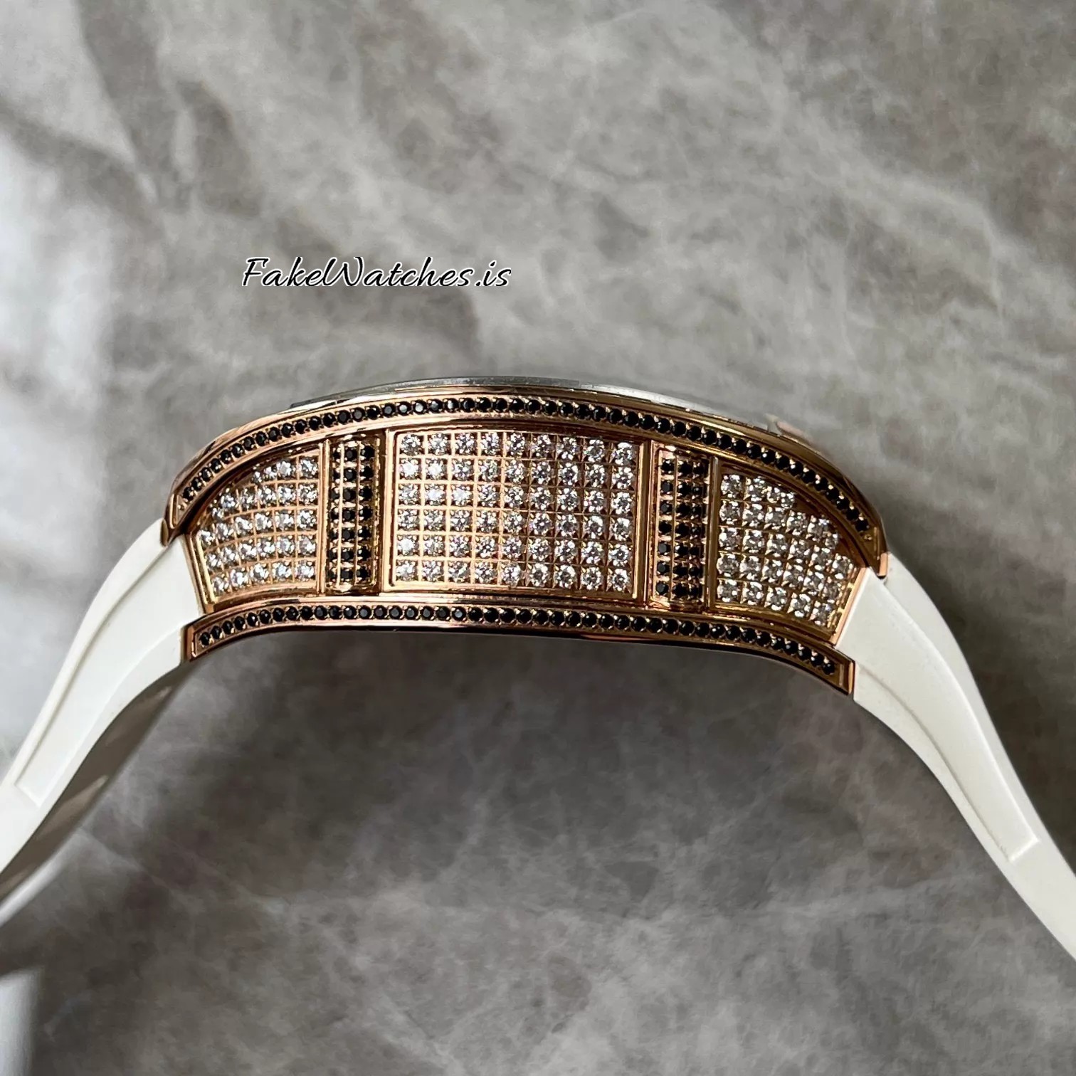 Richard Mille RM010 Rose Gold Full Diamond Automatic Swiss Replica Skeleton Dial White Rubber Strap Tonneau Case - Image 5