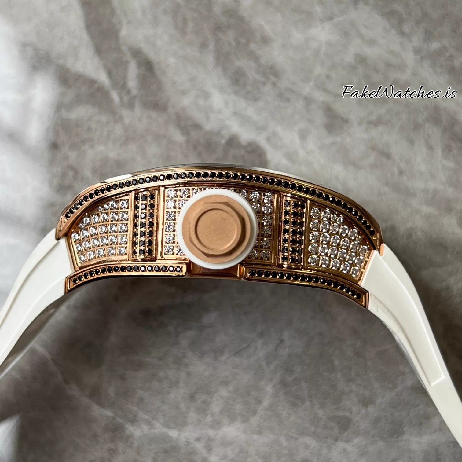 Richard Mille RM010 Rose Gold Full Diamond Automatic Swiss Replica Skeleton Dial White Rubber Strap Tonneau Case - Image 6
