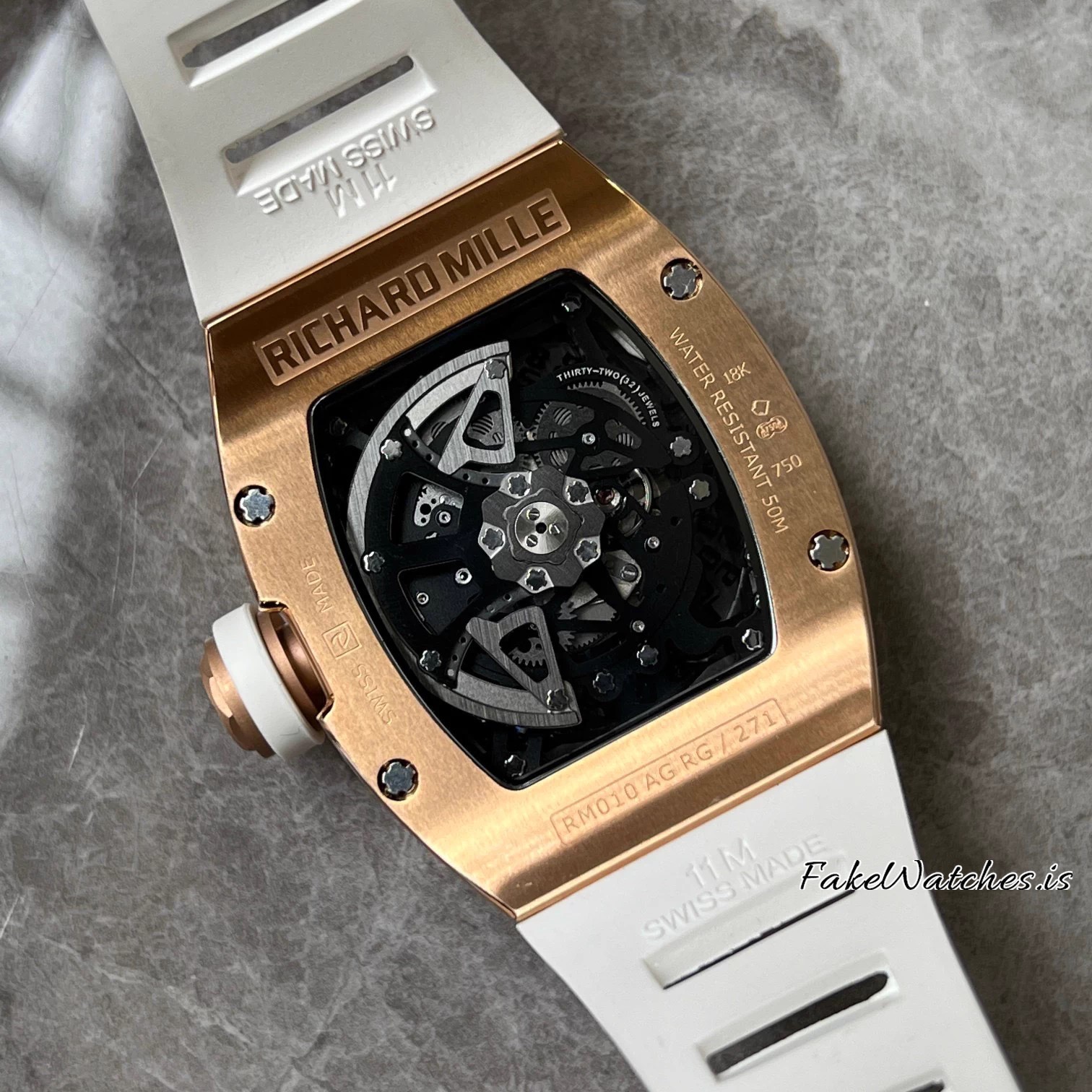 Richard Mille RM010 Rose Gold Full Diamond Automatic Swiss Replica Skeleton Dial White Rubber Strap Tonneau Case - Image 7