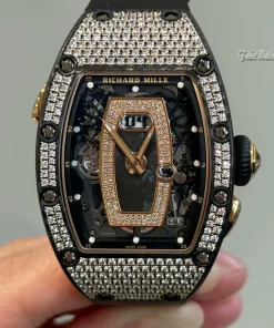 Richard Mille RM037 Swiss Replica Ladies Skeleton Full Diamond Black Ceramic Rose Gold Watch