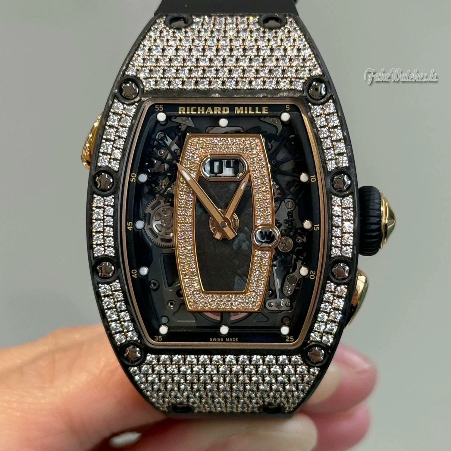 Richard Mille RM037 Swiss Replica Ladies Skeleton Full Diamond Black Ceramic Rose Gold Watch