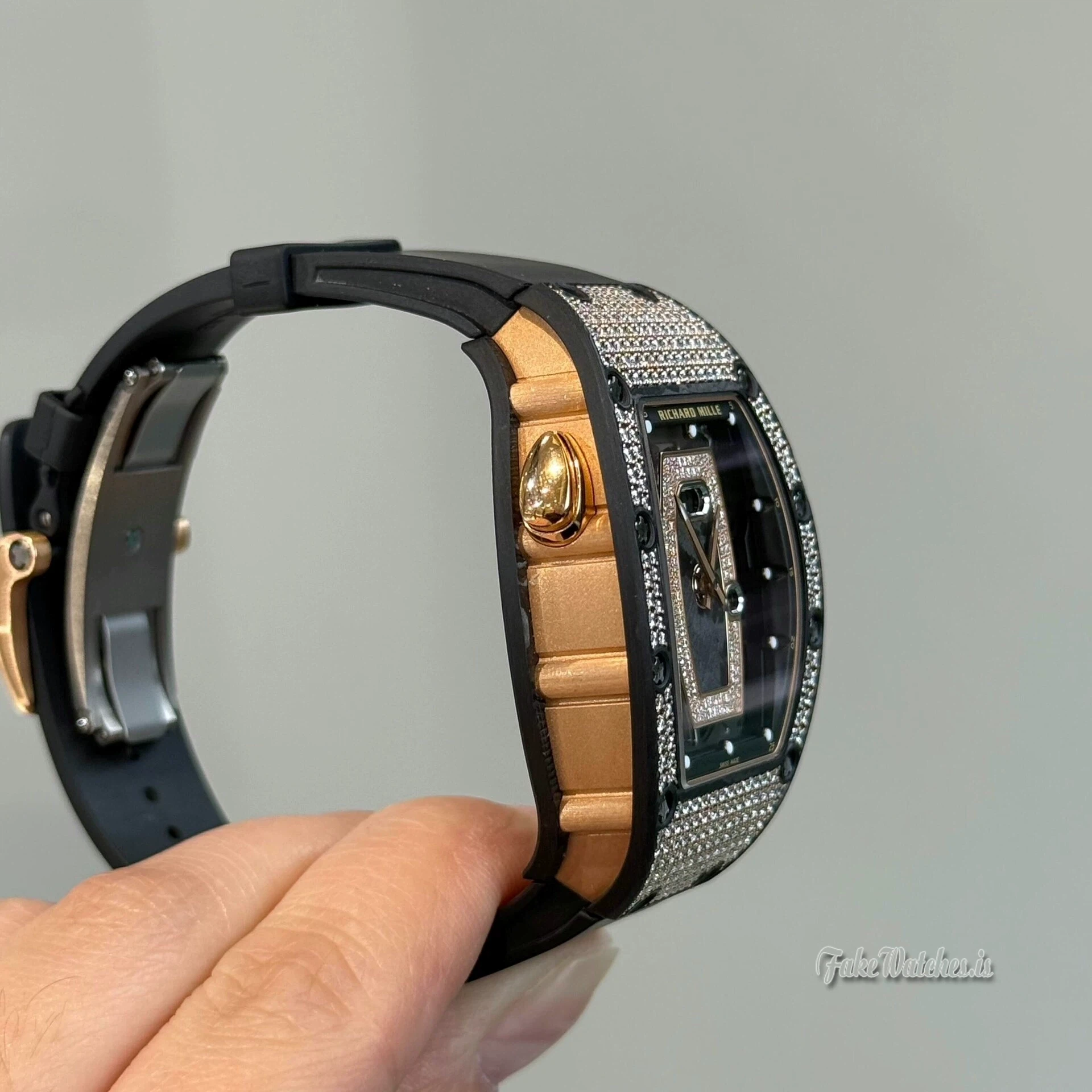 Richard Mille RM037 Swiss Replica Ladies Skeleton Full Diamond Black Ceramic Rose Gold Watch - Image 3