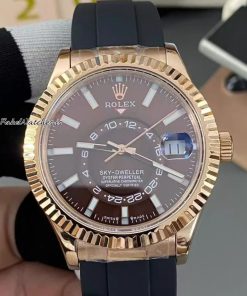 Rolex Sky-Dweller 42MM Rose Gold Black Dial Oysterflex Swiss Replica Automatic GMT Mens Watch