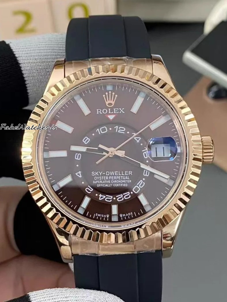 Rolex Sky-Dweller 42MM Rose Gold Black Dial Oysterflex Swiss Replica Automatic GMT Mens Watch