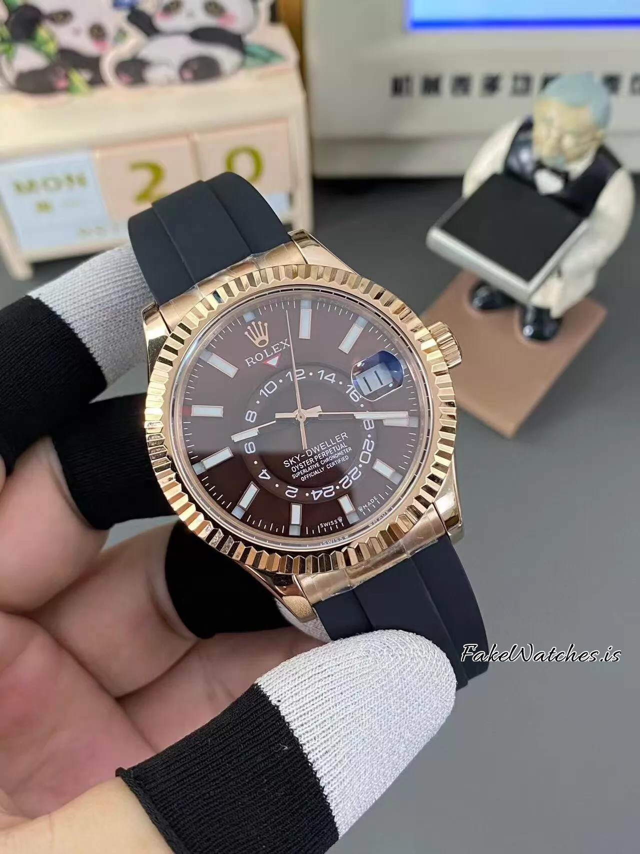 Rolex Sky-Dweller 42MM Rose Gold Black Dial Oysterflex Swiss Replica Automatic GMT Mens Watch - Image 3