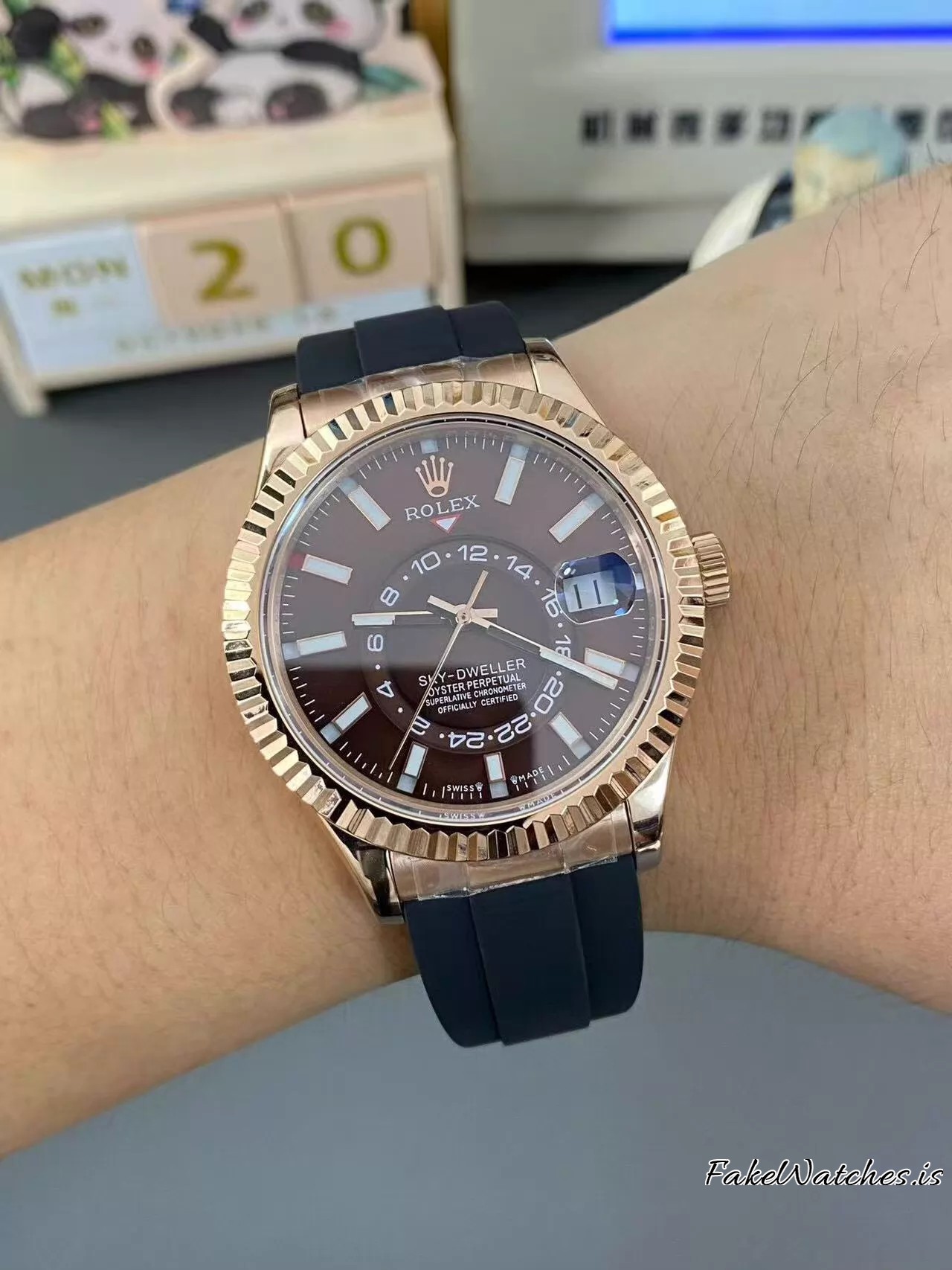 Rolex Sky-Dweller 42MM Rose Gold Black Dial Oysterflex Swiss Replica Automatic GMT Mens Watch - Image 8