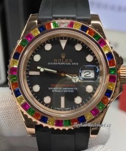 Rolex Yacht-Master 116695SATS Rose Gold Rainbow Sapphire Bezel Black Dial Oysterflex 40mm Swiss Replica Watch