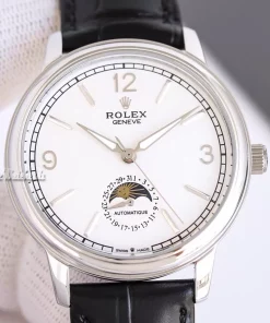 Rolex Cellini Moonphase 50535 Automatic Replica Watch White Dial Sapphire Crystal Black Leather Strap