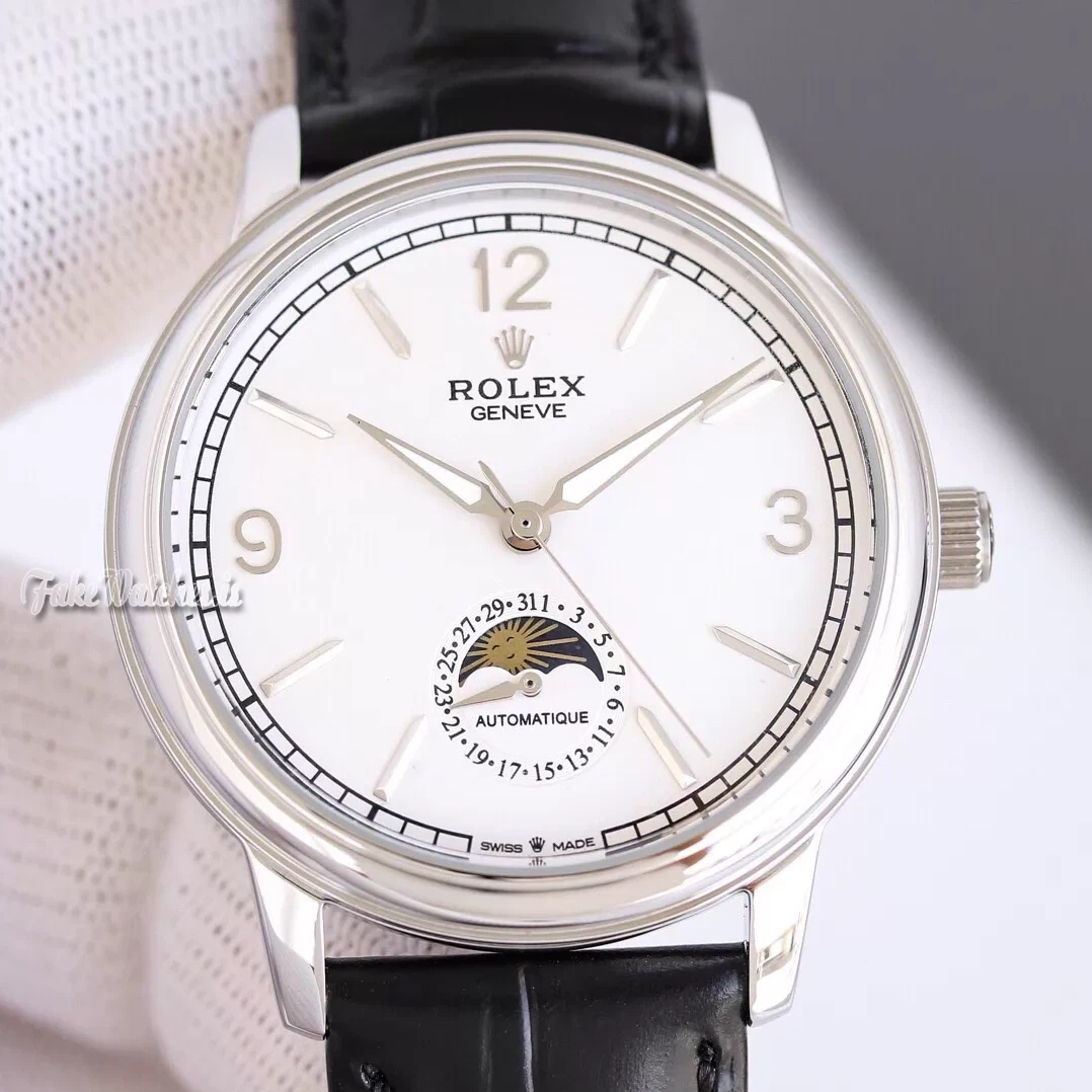 Rolex Cellini Moonphase 50535 Automatic Replica Watch White Dial Sapphire Crystal Black Leather Strap