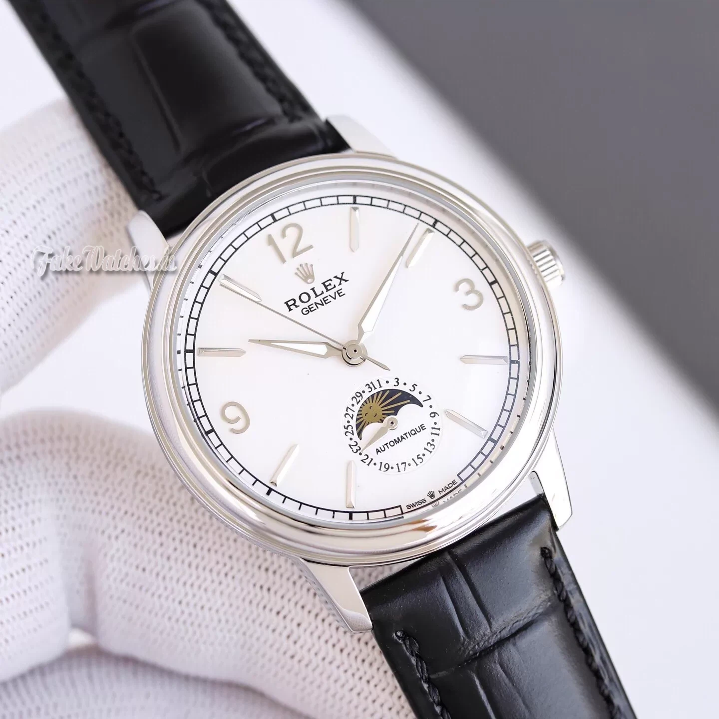 Rolex Cellini Moonphase 50535 Automatic Replica Watch White Dial Sapphire Crystal Black Leather Strap - Image 3