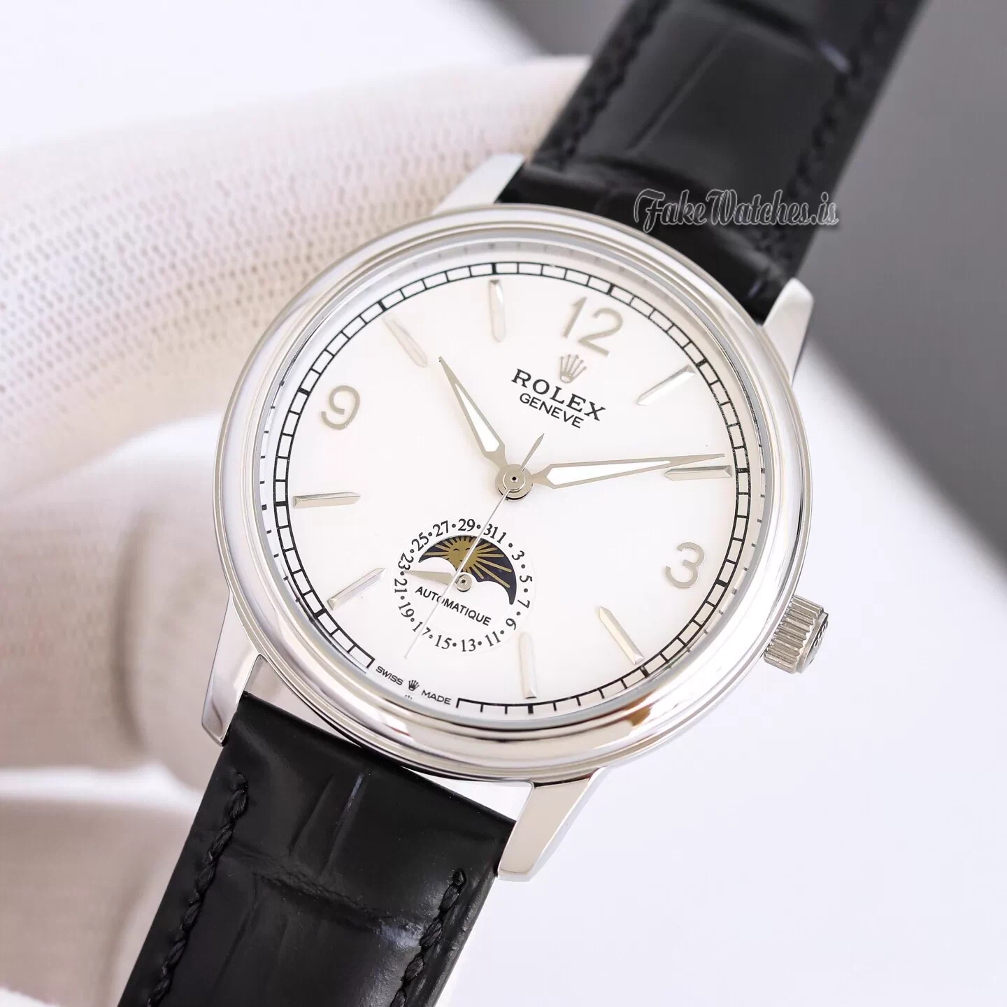Rolex Cellini Moonphase 50535 Automatic Replica Watch White Dial Sapphire Crystal Black Leather Strap - Image 4