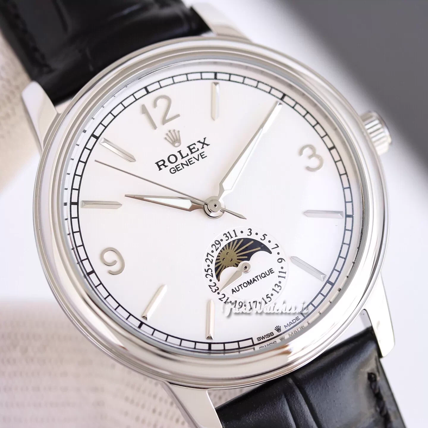 Rolex Cellini Moonphase 50535 Automatic Replica Watch White Dial Sapphire Crystal Black Leather Strap - Image 5