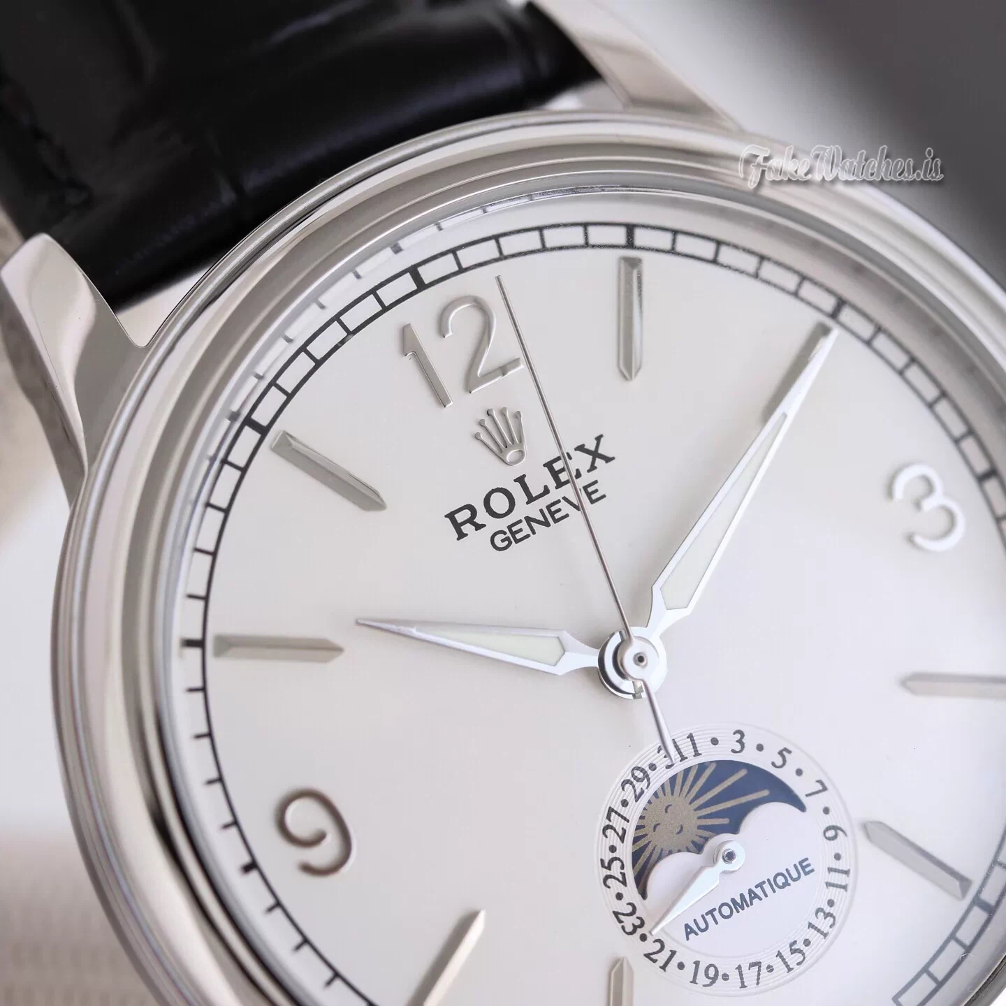 Rolex Cellini Moonphase 50535 Automatic Replica Watch White Dial Sapphire Crystal Black Leather Strap - Image 6
