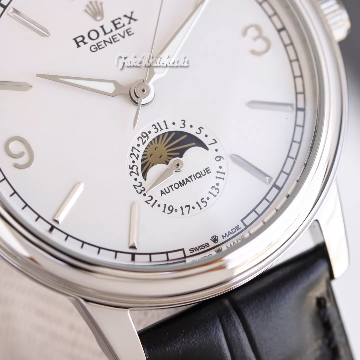 Rolex Cellini Moonphase 50535 Automatic Replica Watch White Dial Sapphire Crystal Black Leather Strap - Image 7