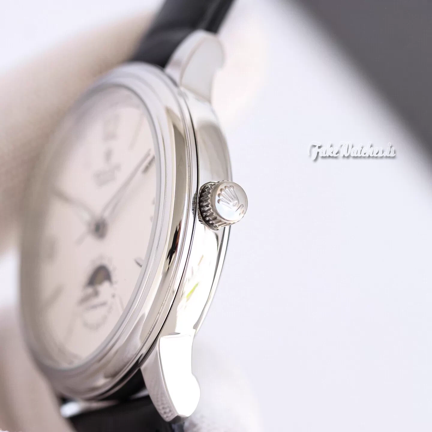 Rolex Cellini Moonphase 50535 Automatic Replica Watch White Dial Sapphire Crystal Black Leather Strap - Image 8