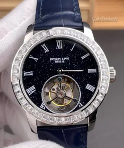 Patek Philippe Grand Complications Replica Mens Watch Baguette Diamond Bezel Blue Starry Dial 42mm
