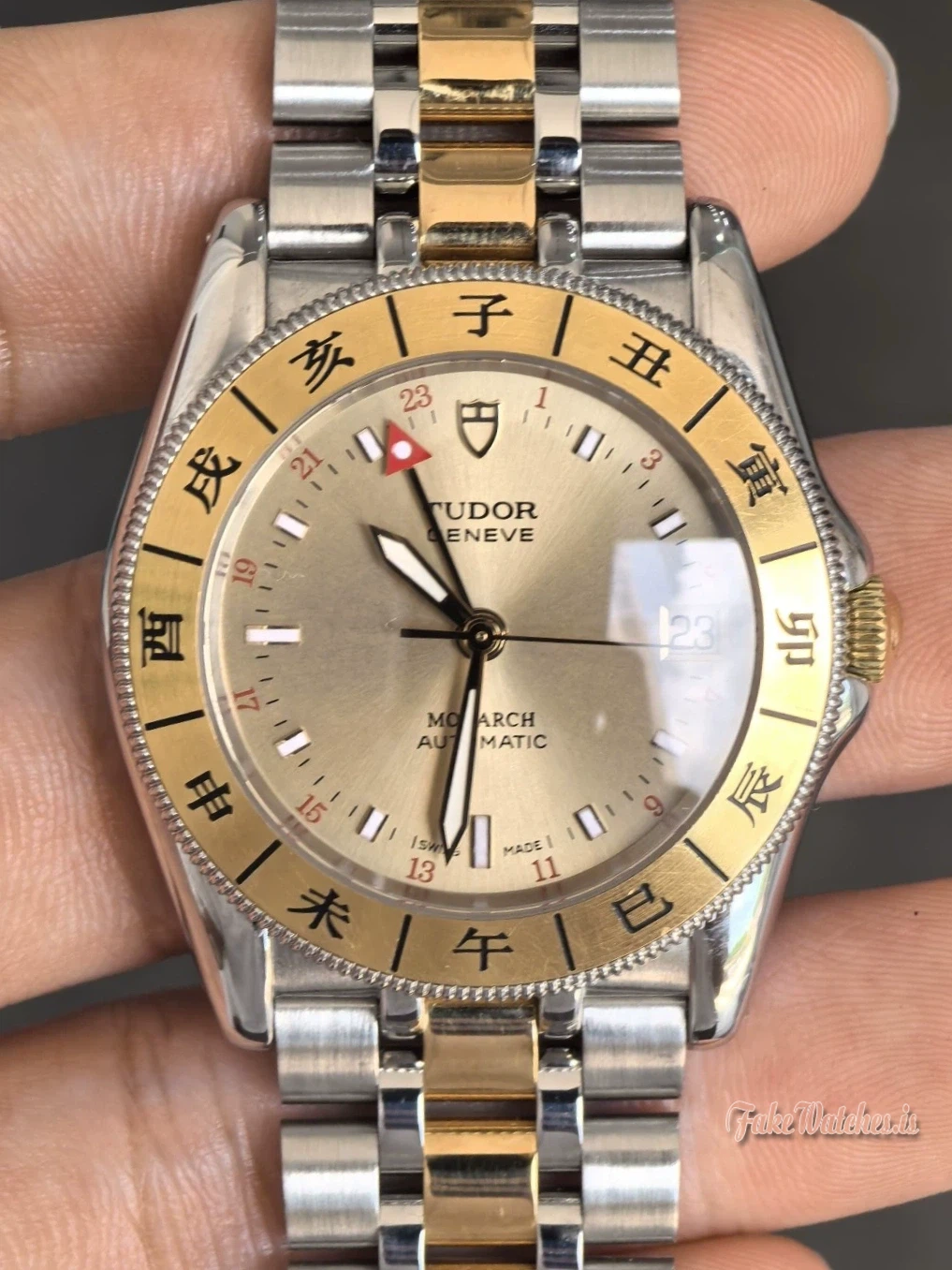 Tudor Monarch 38083 Two Tone Automatic Watch Chinese Zodiac Bezel GMT Red Hand 36mm